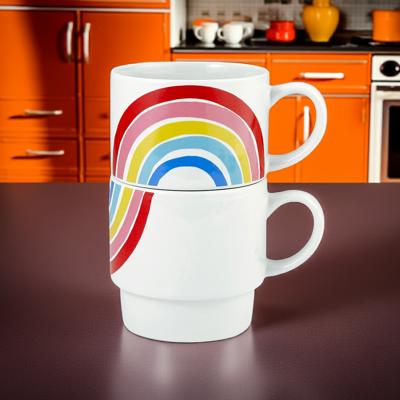 Set of 2 Rainbow Stacking Mugs | Giftable Ceramic Mug Set | Couples Romantic His and Hers '70s Groovy Style