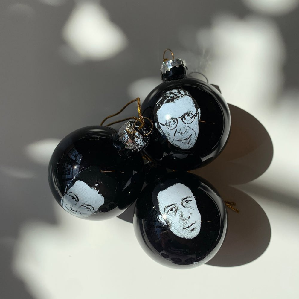 Set of 3 Existentialist Holiday Glass Mini Ornaments in Black with Depressing Quotes from Camus, Sartre, and de Beauvoir | Gift for Her