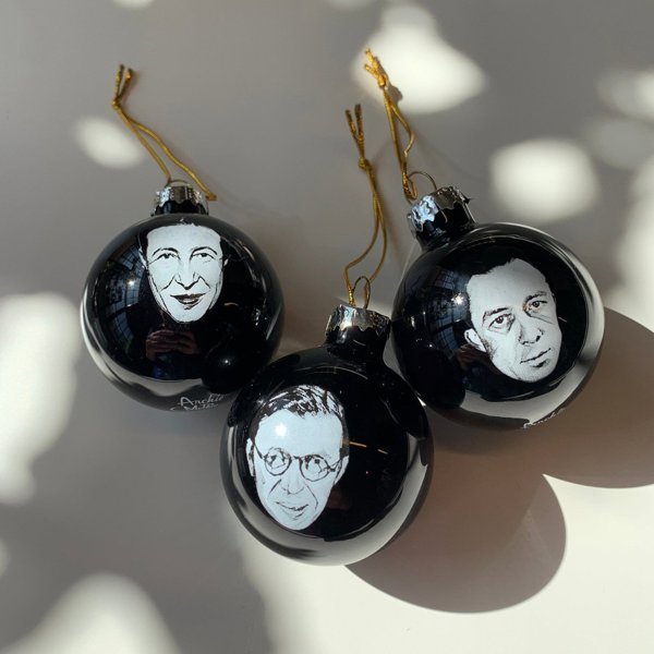 Set of 3 Existentialist Holiday Glass Mini Ornaments in Black with Depressing Quotes from Camus, Sartre, and de Beauvoir | Gift for Her