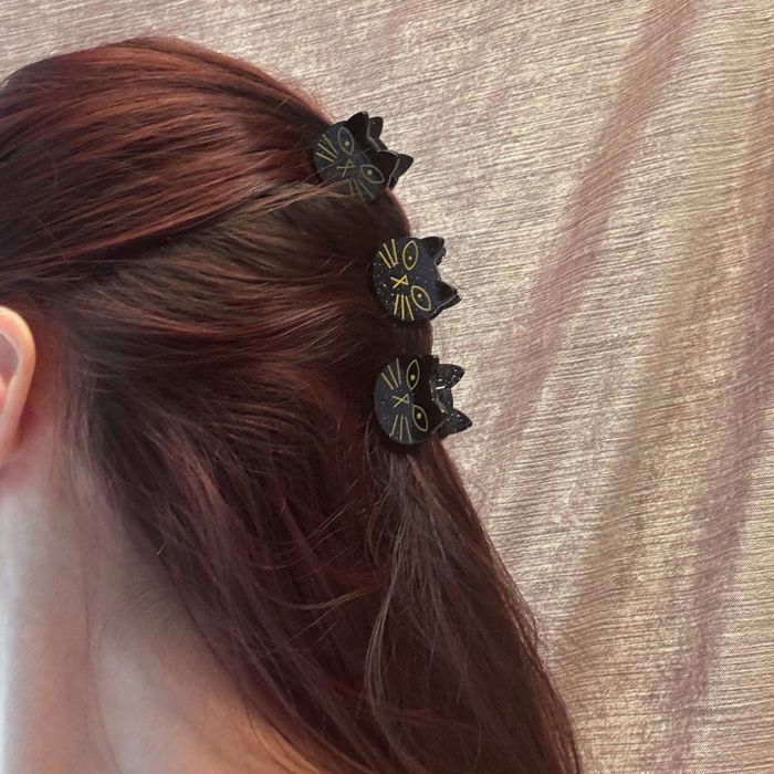 Set of 3 Mini Black Cat Hair Claws | Hair Claw Clips in Giftable Pouch | Spooky Halloween Barrette Clip Set