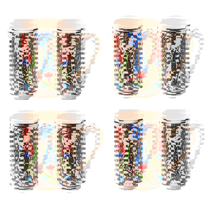 Boxed Gift Set of 4 Handmade Mugs - Turkish Flowers, Hand Painted