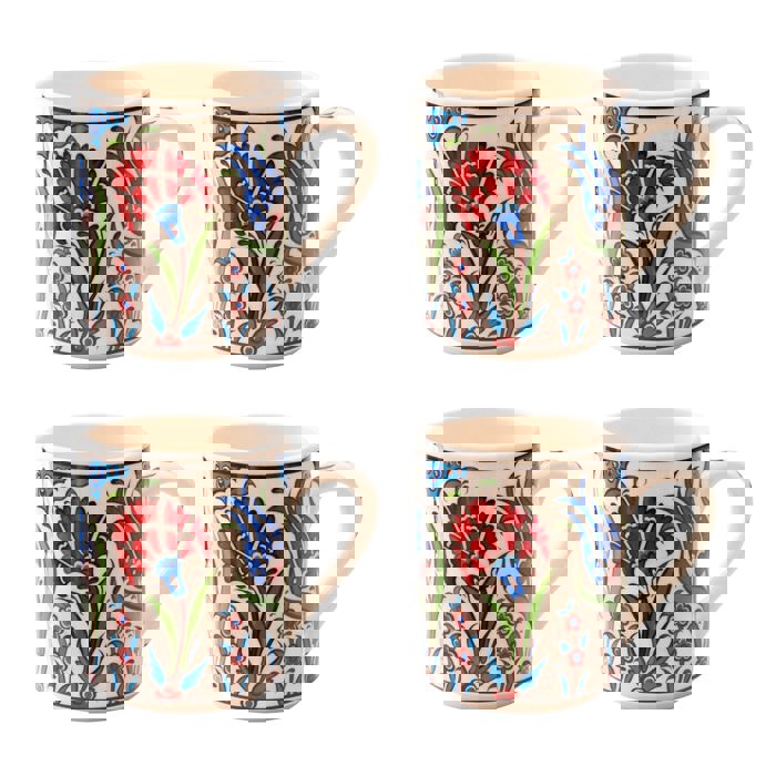 Boxed Gift Set of 4 Handmade Mugs - Turkish Flowers, Hand Painted