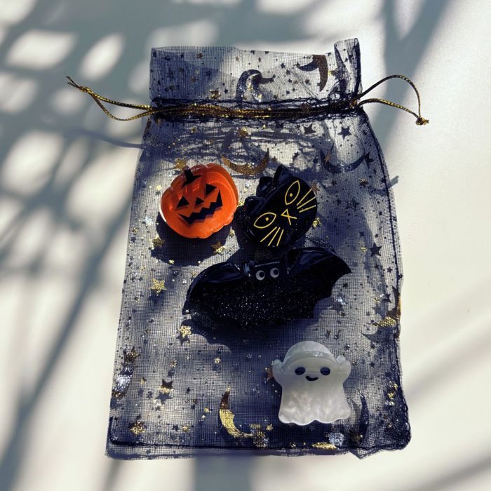 Set of 4 Mini Spooky Hair Claws | Halloween Hair Claw Clip Set in Giftable Pouch | Bat, Pumpkin, Cat, Ghost