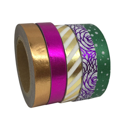 Set of 5 Thin Metallic Washi Tapes in Shiny Rose Gold, Gold, Fuchsia, Green and Purple