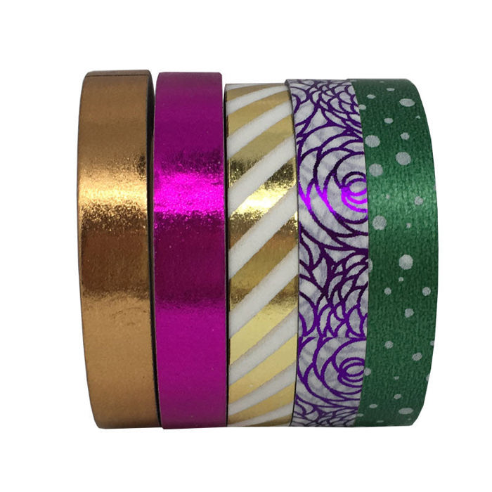 Set of 5 Thin Metallic Washi Tapes in Shiny Rose Gold, Gold, Fuchsia, Green and Purple
