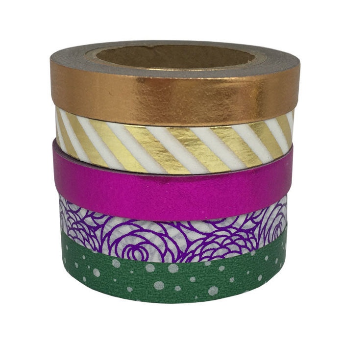 Set of 5 Thin Metallic Washi Tapes in Shiny Rose Gold, Gold, Fuchsia, Green and Purple