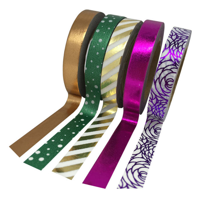 Set of 5 Thin Metallic Washi Tapes in Shiny Rose Gold, Gold, Fuchsia, Green and Purple