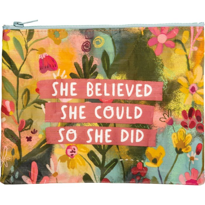 Recycled Material Pencil or Makeup Bag and Coin Purses with Sayings: Gnomes, Rainbow, She Believed She Could So She Did