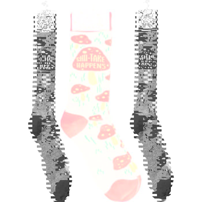 Shiitake Happens Funny Socks Mushrooms in Red | Unisex