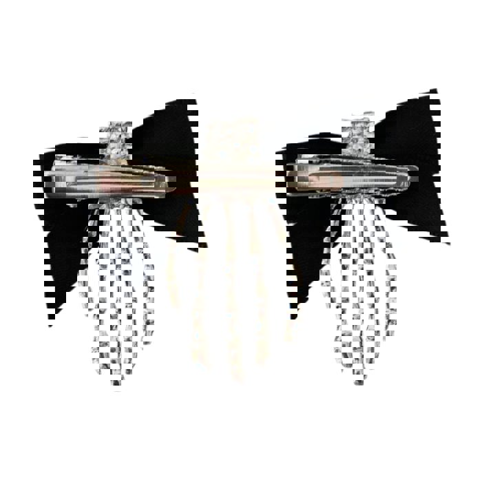 Skeleton Hand Bow Hair Clip | Spooky Halloween Gothic Barrette in Silver and Black