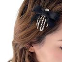  Skeleton Hand Bow Hair Clip | Spooky Halloween Gothic Barrette in Silver and Black