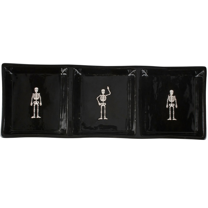 Skeletons Tidbit Tray in Glossy Black | Halloween Themed Stoneware Serving Tray | 13" x 4.75"
