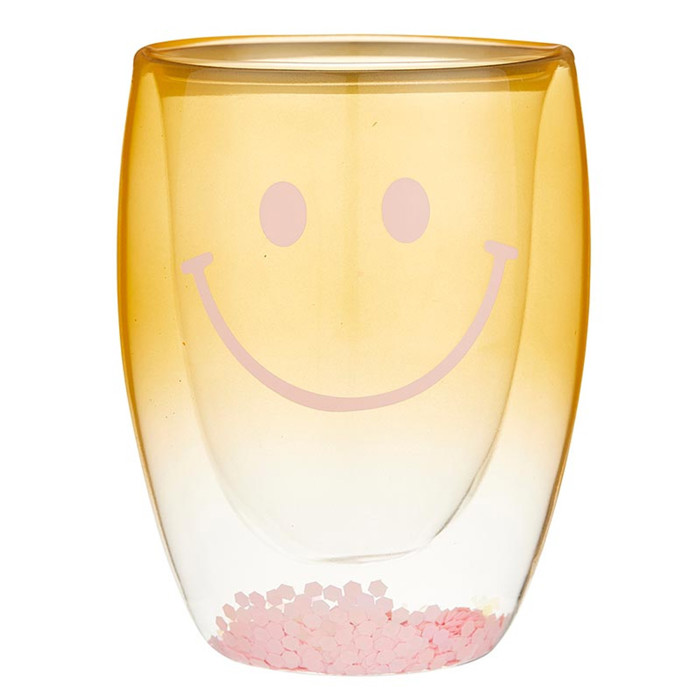Smiley Face Double-Wall Stemless Wineglass in Yellow Ombre | 80s Cocktail Wine Confetti Glass 10oz