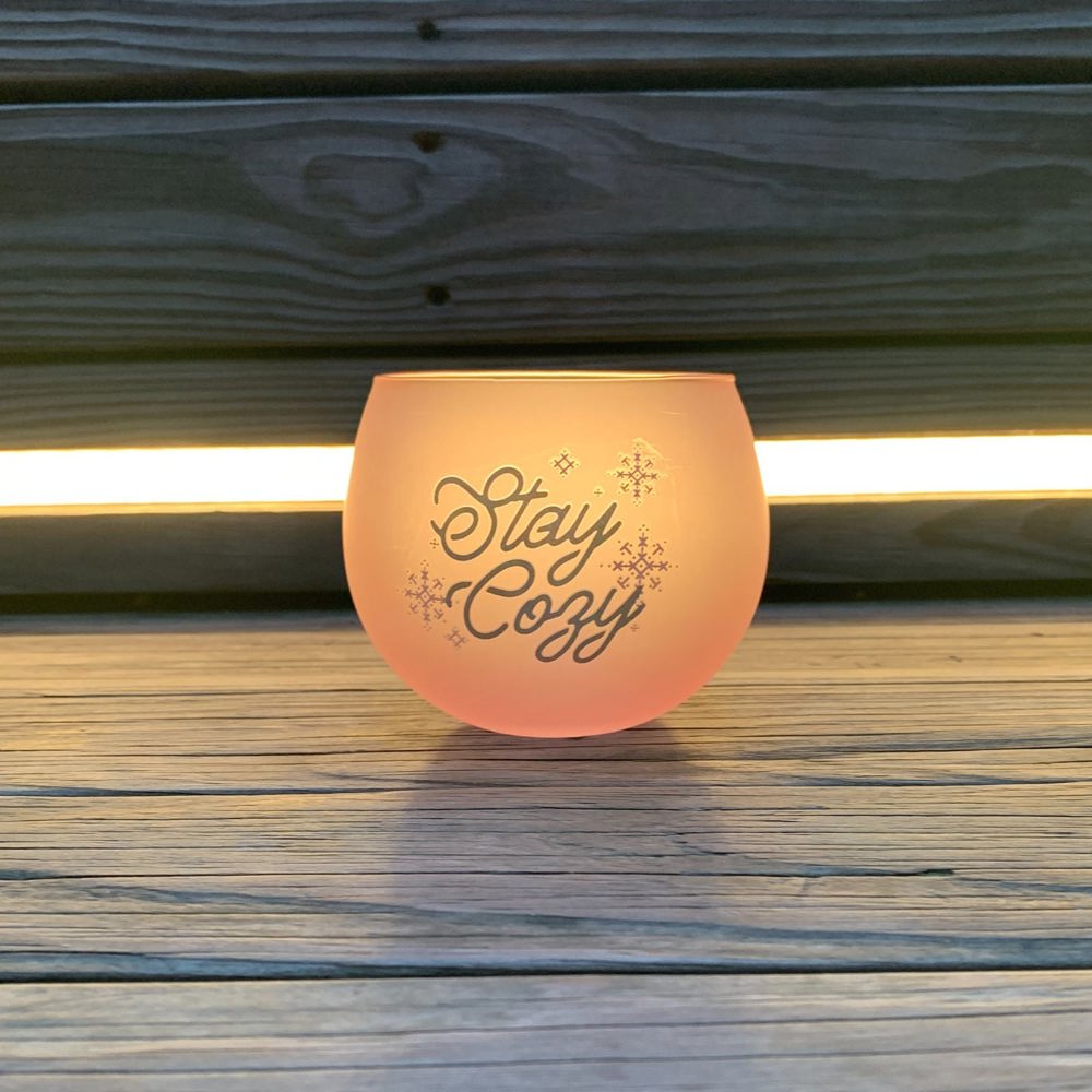 Stay Cozy Roly Poly Blush Pink Ombre Wine Glass  | 13 oz. | Fall Christmas Snowflake Hygge Themed Small Wine Glass