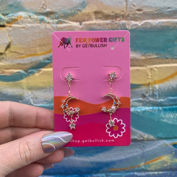 Sweet Dreams Moon Earrings | Gold Celestial Dangle Earrings with Pink & Blue Gems