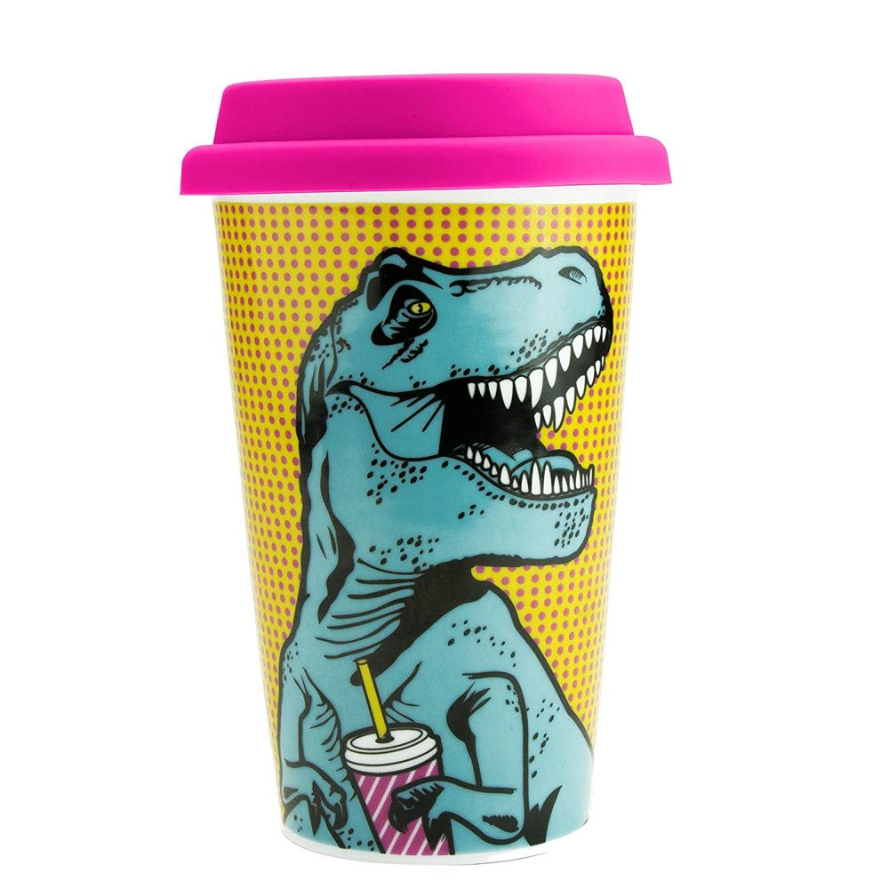 T-Rex Ceramic Double Wall Travel Mug in Pop Art Multicolor