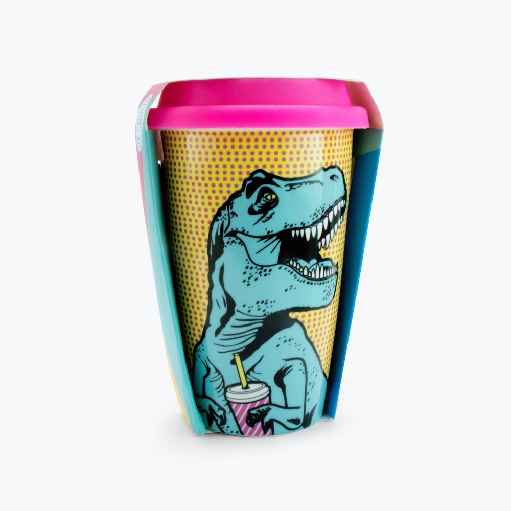 T-Rex Ceramic Double Wall Travel Mug in Pop Art Multicolor