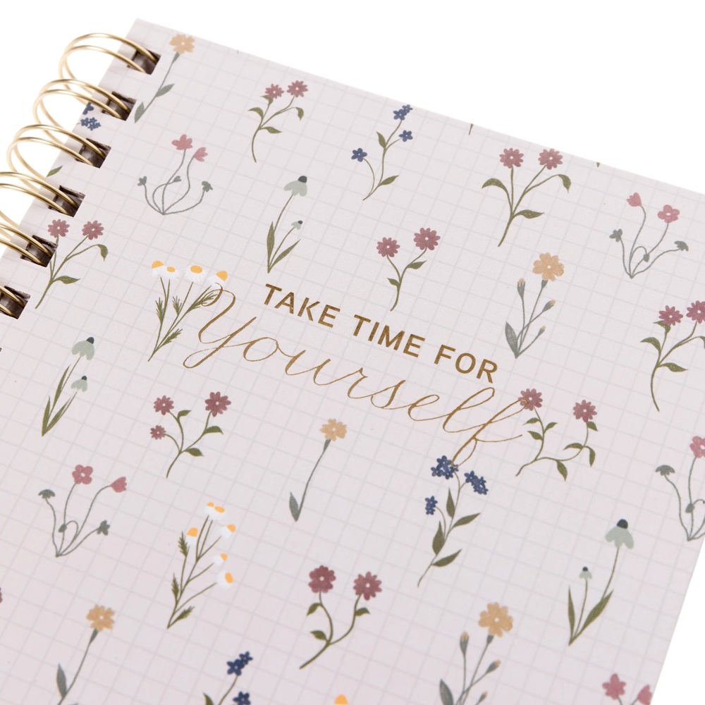 Take Time For Yourself Dainty Floral Spiral Hard Cover Journal | 160 Ruled Pages Spiral-bound Notebook | 6.25"x 8.25"