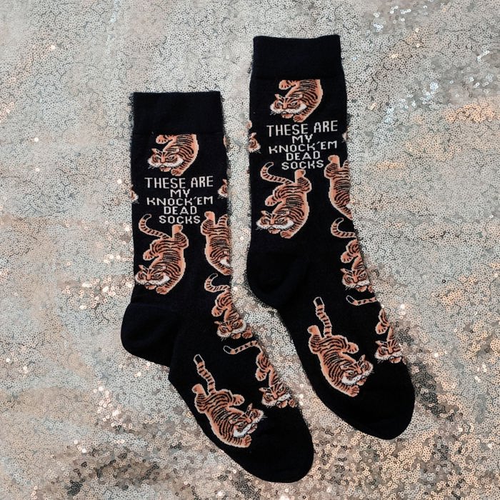 These Are My Knock 'Em Dead Socks with Tiger Motif | Unique Hand Illustrated Designs | Gift for Her