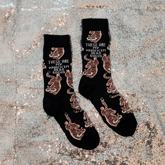 These Are My Knock 'Em Dead Socks with Tiger Motif | Unique Hand Illustrated Designs | Gift for Her