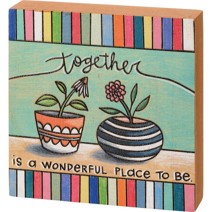 Together Is A Wonderful Place To Be Inspo Block Sign | Woodburned Plant Design | 4" x 4" Plant Lover BFF Couple Gifts 