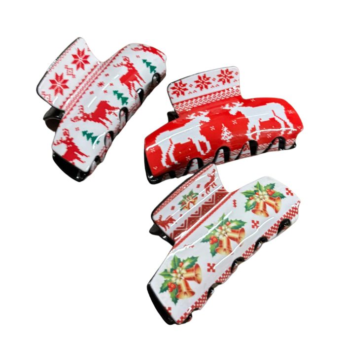 Ugly Christmas Sweater Hair Claw Gift Box | Boxed Set of 3 Holiday Hair Clips with Reindeer and Bells Motifs