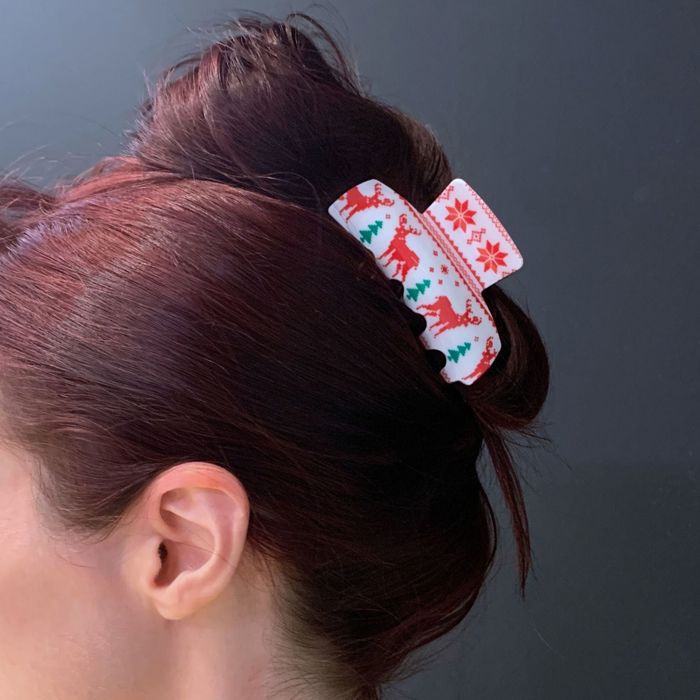 Ugly Christmas Sweater Hair Claw Gift Box | Boxed Set of 3 Holiday Hair Clips with Reindeer and Bells Motifs