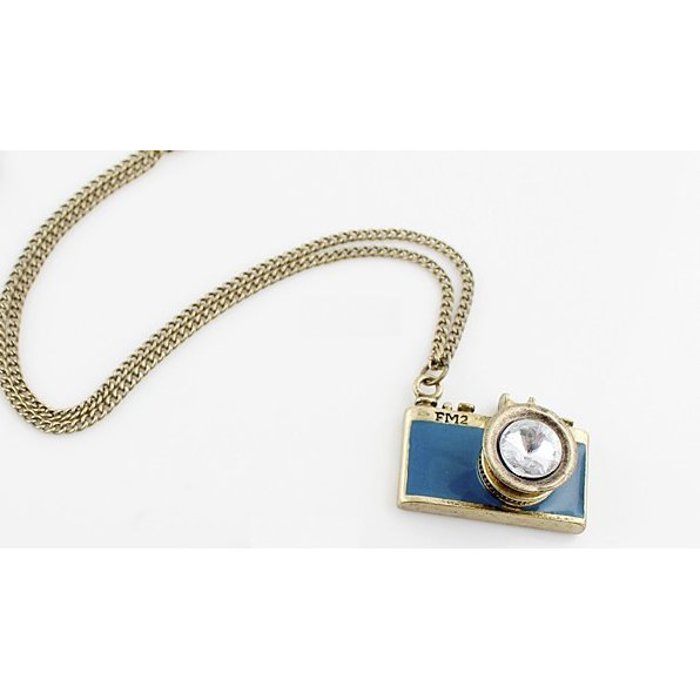 Vintage Camera Necklace in Teal | Antique Brass Long Chain 