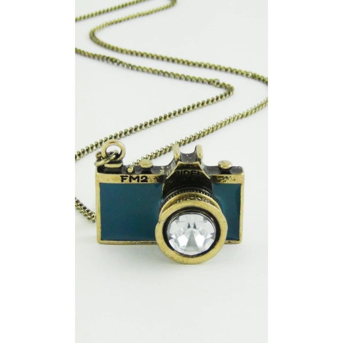 Vintage Camera Necklace in Teal | Antique Brass Long Chain 