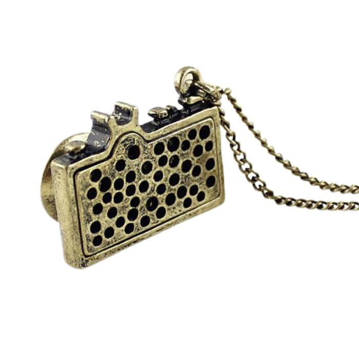 Vintage Camera Necklace in Teal | Antique Brass Long Chain 