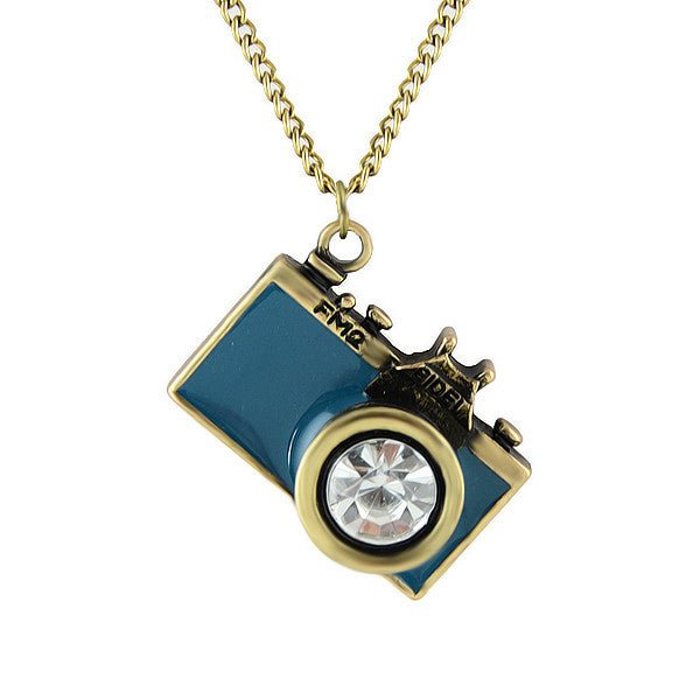 Vintage Camera Necklace in Teal | Antique Brass Long Chain 