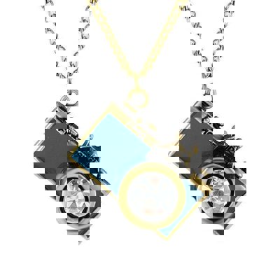 Vintage Camera Necklace in Teal | Antique Brass Long Chain 