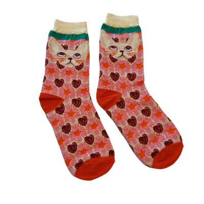 Vintage Cat Face Heart Socks | Pink Women‘s Crew Socks