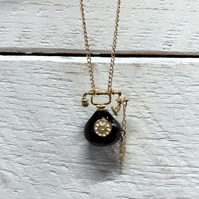 Vintage Telephone Long Pendant Necklace with Mini Phone Cord