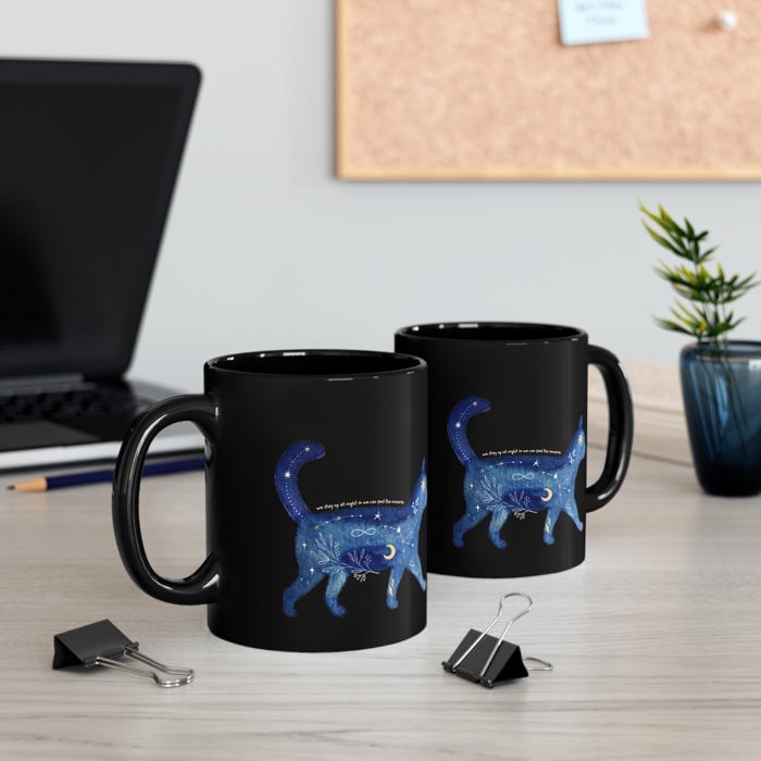 We Stay Up At Night So We Can Feel The Universe 11oz Black Mug | Coffee Tea Cup Cat Lover Gift Celestial Witchy Mystical Constellations 