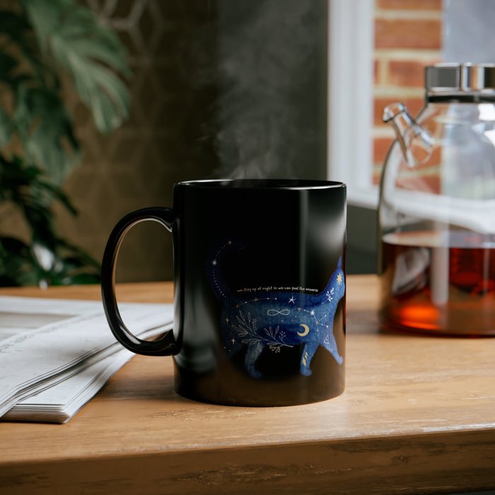 We Stay Up At Night So We Can Feel The Universe 11oz Black Mug | Coffee Tea Cup Cat Lover Gift Celestial Witchy Mystical Constellations 