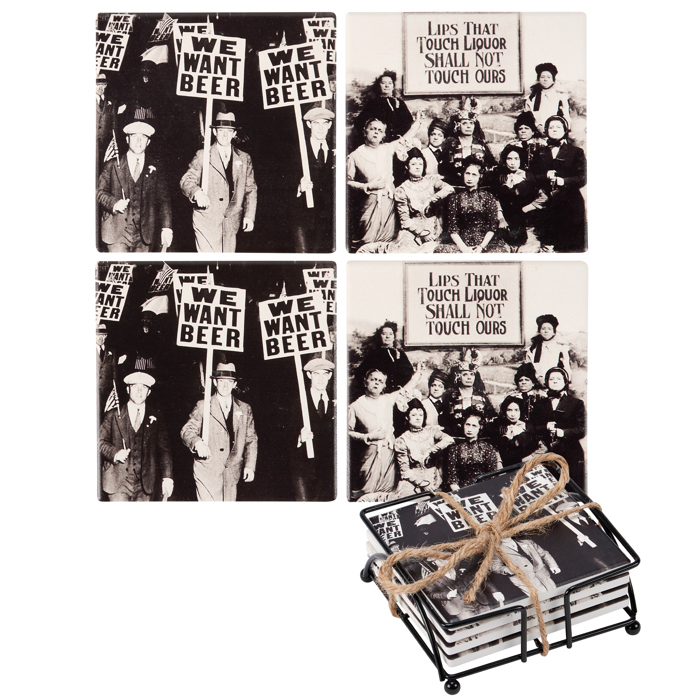 We Want Beer Prohibition Era Protestors Stoneware Coaster in Set of 4 | Beverage Drink Beer Mat | 4" x 4"