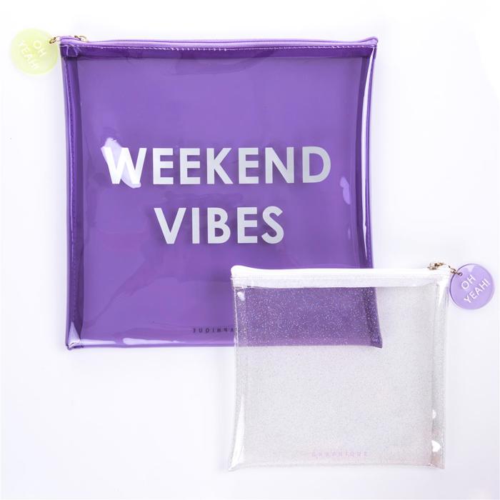 Weekend Vibes Lavender Transparent Zipper Pouch Set of 2 | Clear Pouch Set for Travel & Essentials