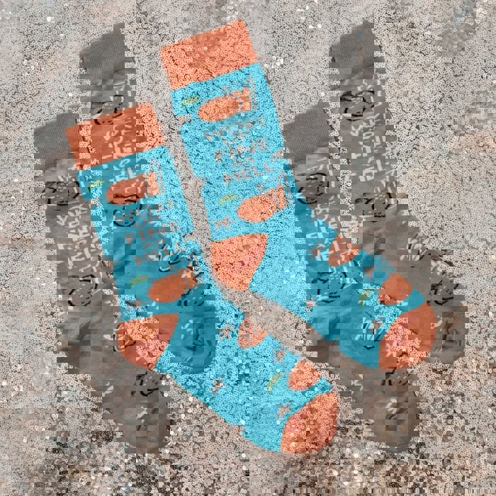 Woke Up Fine As Hell Socks in Blue | Orange Juice Illustration