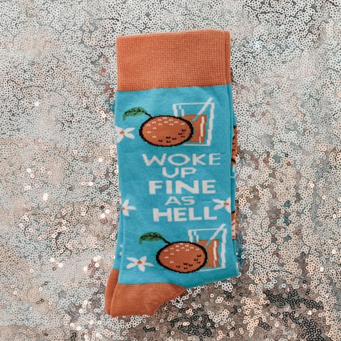 Woke Up Fine As Hell Socks in Blue | Orange Juice Illustration | Gift for Her