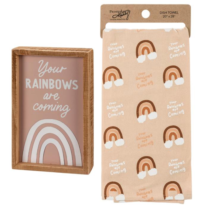 Your Rainbows Are Coming Inspirational Gift | Decor Sign and Tea Towel Bundle