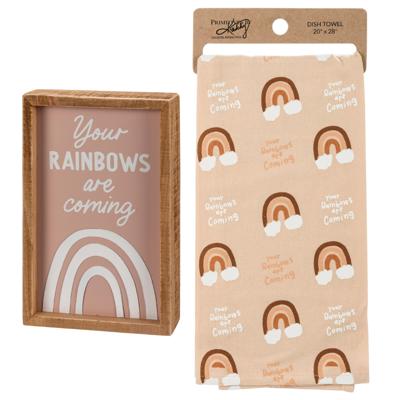 Your Rainbows Are Coming Inspirational Gift | Decor Sign and Tea Towel Bundle