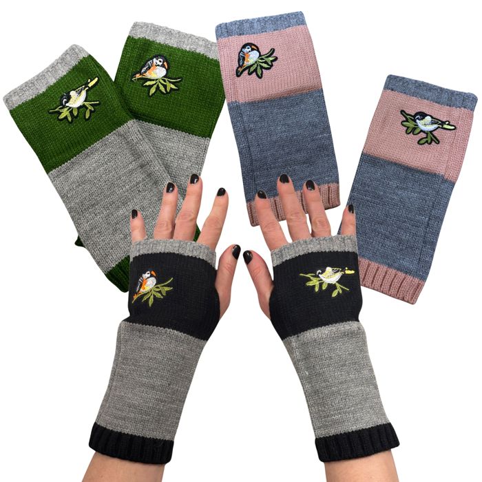 Bird Applique Arm Warmers | Fingerless Gloves in Black, Pink, or Green
