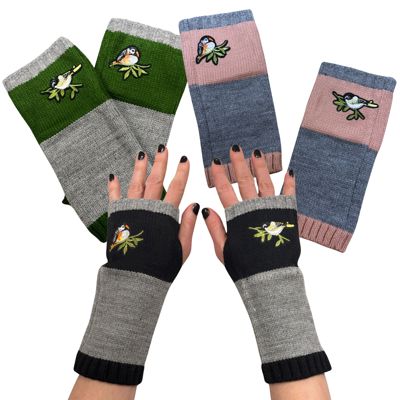 Bird Applique Arm Warmers | Fingerless Gloves in Black, Pink, or Green