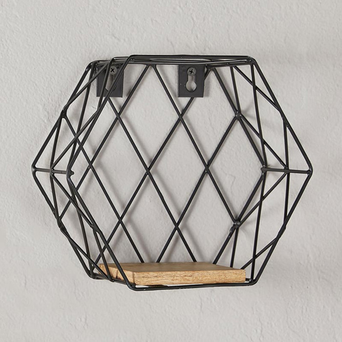 Set of 2 Small Honeycomb Shape Wall Shelf | Hexagon Floating Shelf Wood/Black | Books Plants Holder