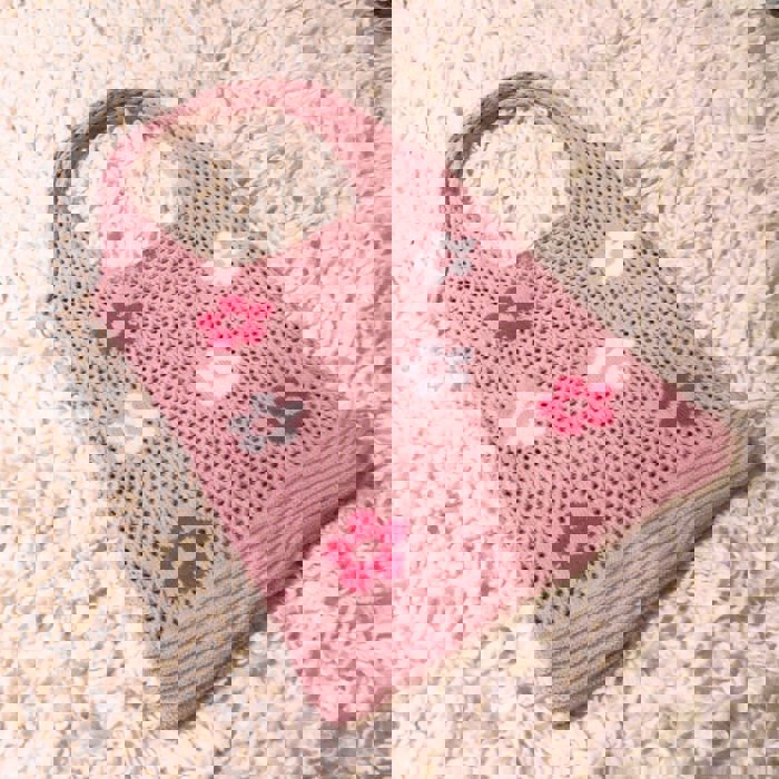 Hippie Boho Knitted Flower Tote | Floral Print Soft Shoulder Bag in Groovy Pink