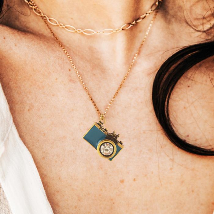 Vintage Camera Necklace in Teal | Antique Brass Long Chain 