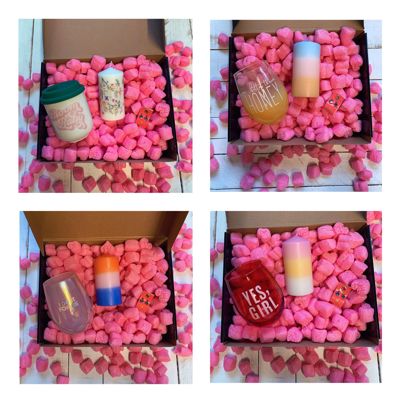 Candle + Sips Gift Box with Compostable Pink Heart Packing Peanuts