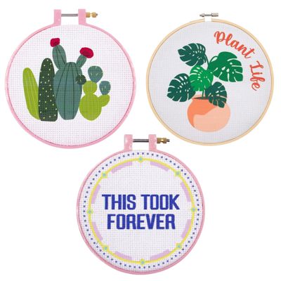 Cute Cross-Stitch Kits in Boxes: "This Took Forever", Plant Life, Cactus, Rainbow DIY Giftable Craft Kit with Hoop