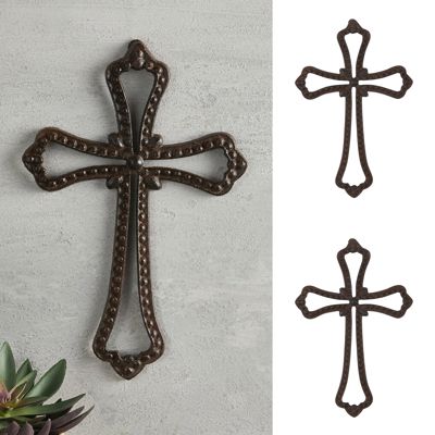 Set of 2 Vintage Cast Iron Decorative Cross | Religious Spiritual Hanging Cross for Indoor Outdoor 12"L x 8"W 